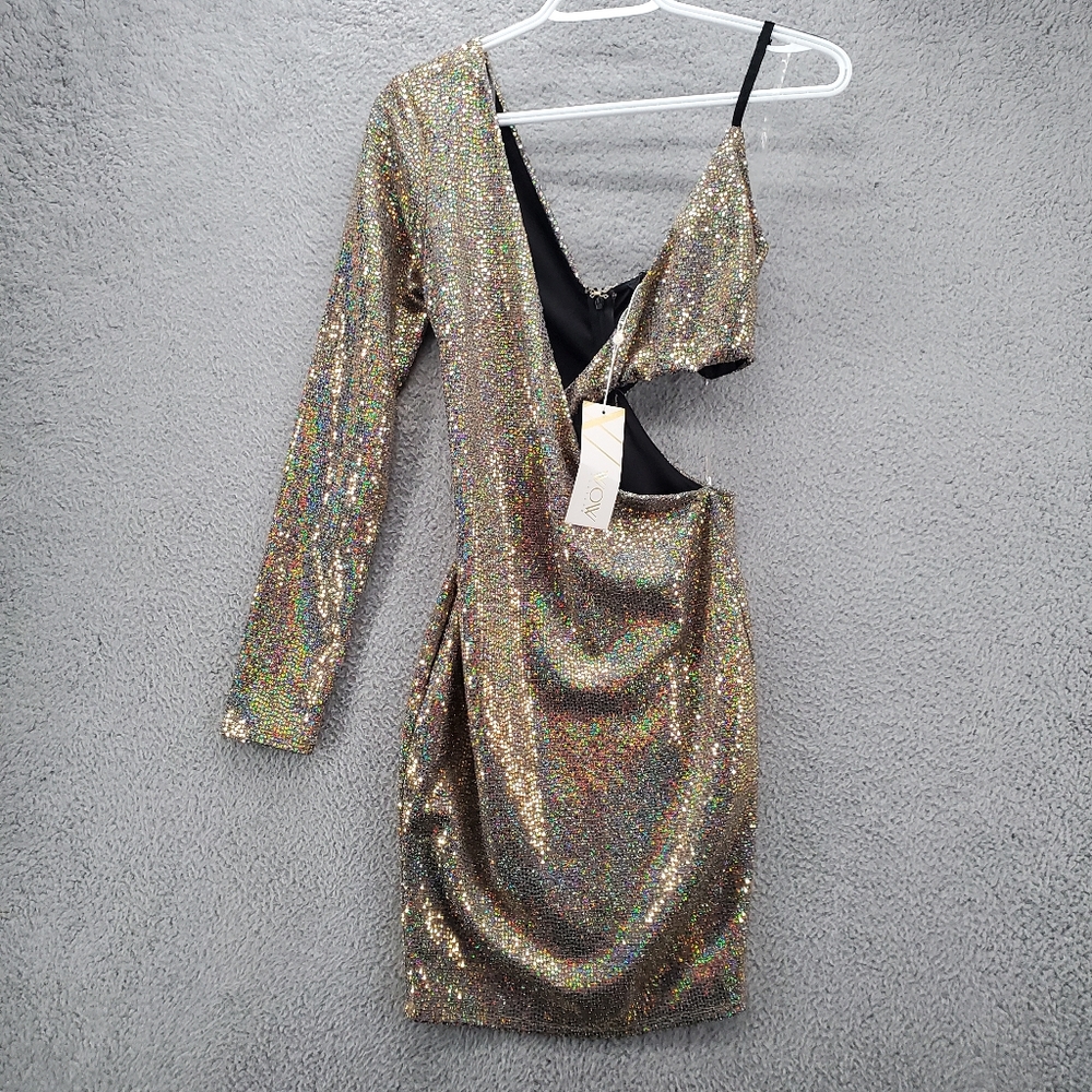 WOW Couture Asymmetric Disco Ball Mini Dress Small Metallic Sequins Gold Cut Out